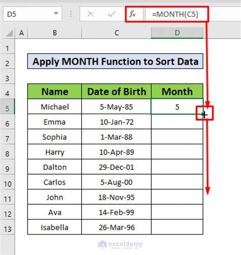 Example of sorting by month in Excel