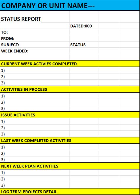 Excel Status Report Template Example