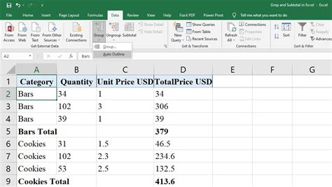 Excel Subtotal with Auto Outline