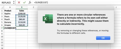 Excel SUM function circular references