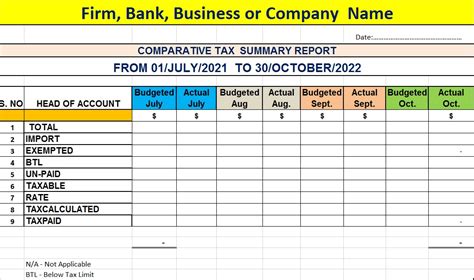 Example of an Excel Summary Page