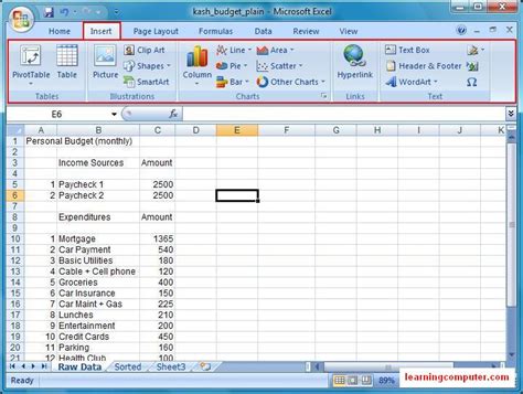 Excel Tab Insertion Table