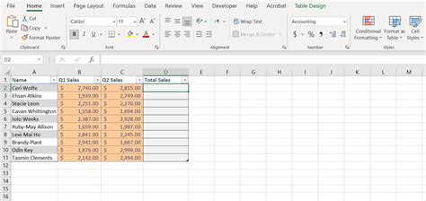 Excel table