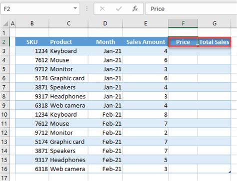 Excel table columns