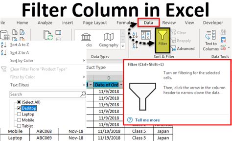 Excel table columns filtering