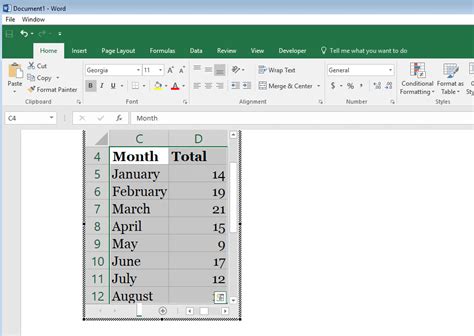 An Excel table in a Word document