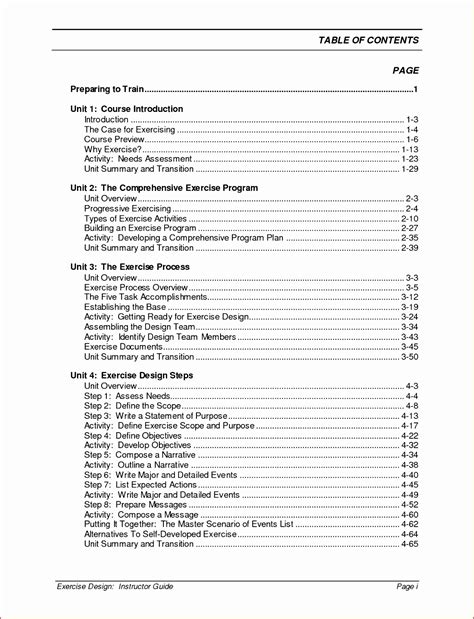 A screenshot of an Excel table of contents template