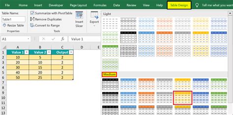 Excel table styles