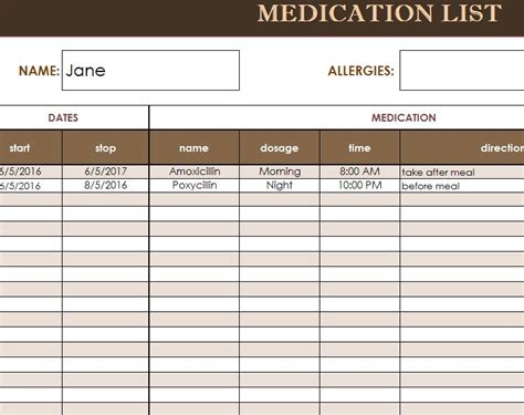 Excel Template for Medication Management Example 2