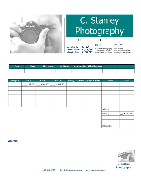 Excel Template for Photography Invoice Sample