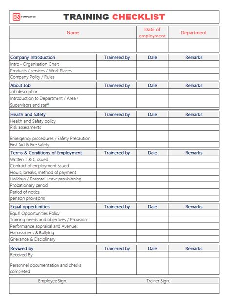 Excel Template for Training Checklist