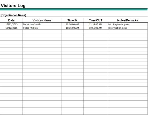 Excel Template for Visitor Log Book Sample