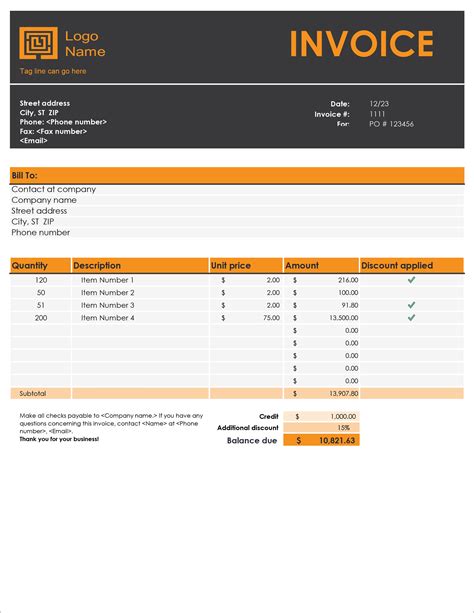 Excel template for invoicing