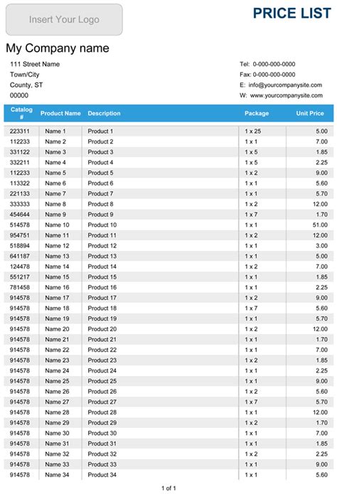 Excel Template Price List