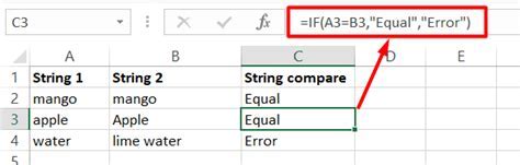 Text comparison in Excel using IF and EXACT functions