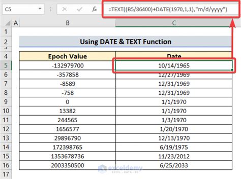 Using the TEXT function to convert epoch time in Excel