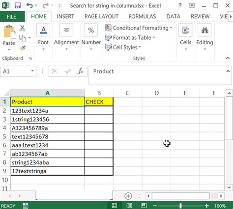 Excel text search example