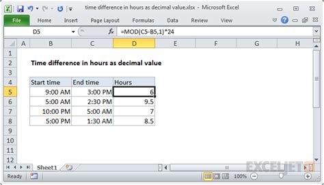 Excel time difference calculation example