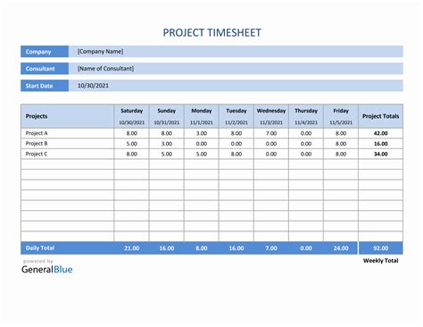 Excel Timesheet Template with Project Tracking