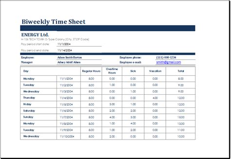 Excel Timesheet Template with Vacation and Sick Leave