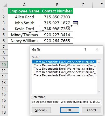 Example of using the Trace Dependents button