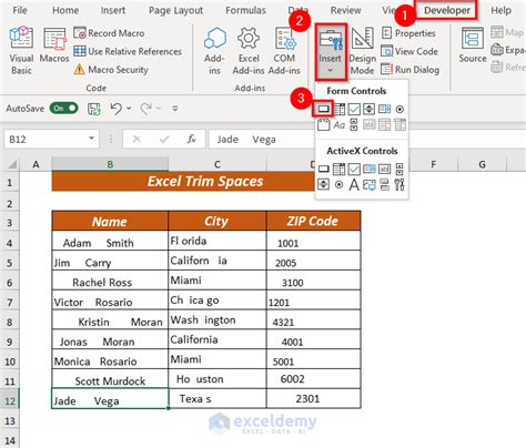 Using the TRIM function to remove trailing spaces in Excel