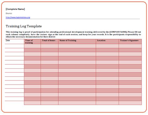 Excel Training Log Template