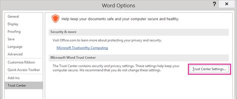 excel trust center settings