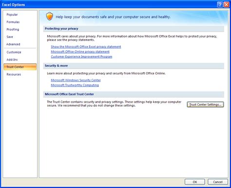 Excel Trust Center Settings