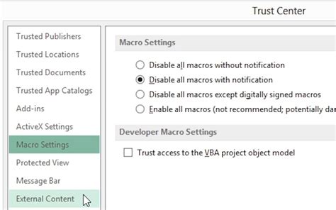 Excel Trust Center Settings