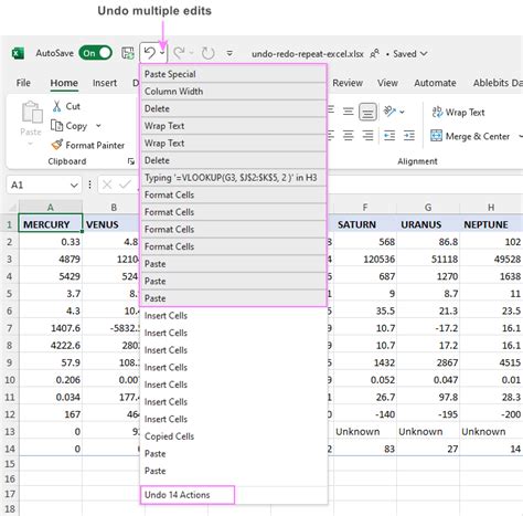 Excel Undo Feature