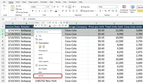 Unhiding Rows or Columns in Excel