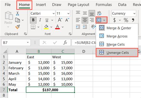 Excel unmerge cells