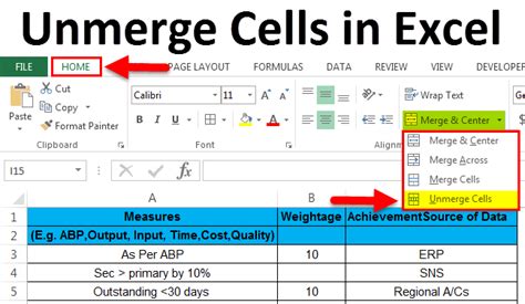 Excel Unmerge Cells feature