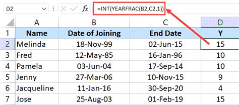 Excel Years of Service TODAY Date Example 9