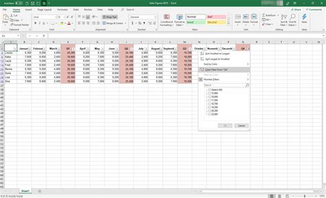 Example of Excel filter options