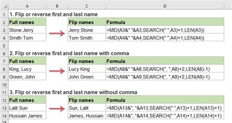 Excel Name Reversal Formulas