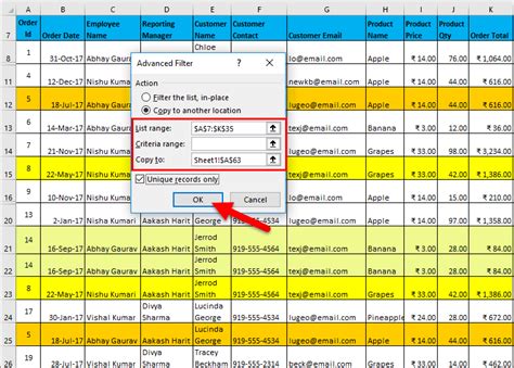 Example of using Advanced Filter to remove excess rows