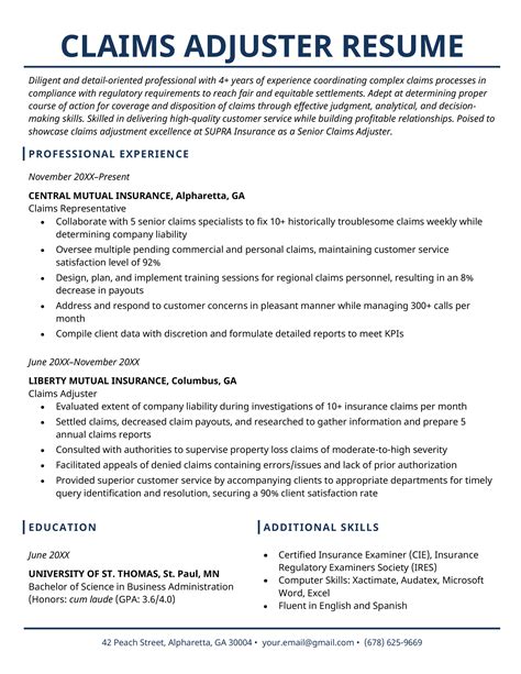 Experienced Insurance Claims Adjuster Resume Example 2