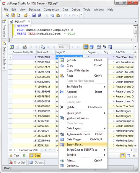 Export SQL Tables to Excel