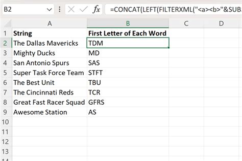 Extracting First Letter of Each Word Formula