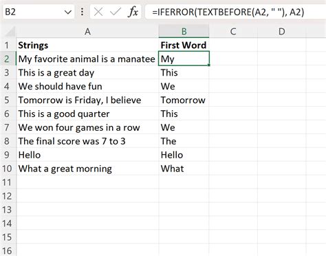 Extracting the first word from a cell in Excel