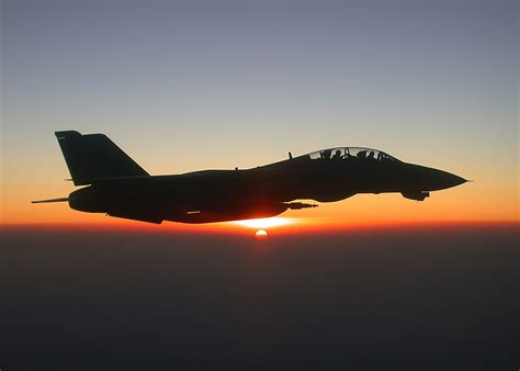 F-14 Tomcat flying at sunset