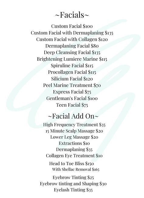 Facial Services Price List