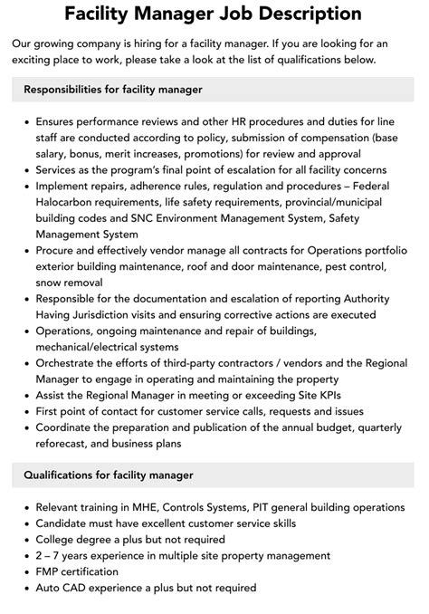 Facilities Manager Job Description