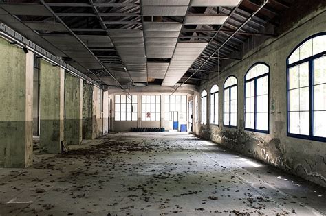 Abandoned factory with overgrown vegetation and broken windows