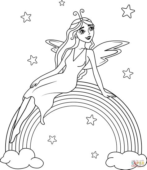 Fairy and rainbow coloring page