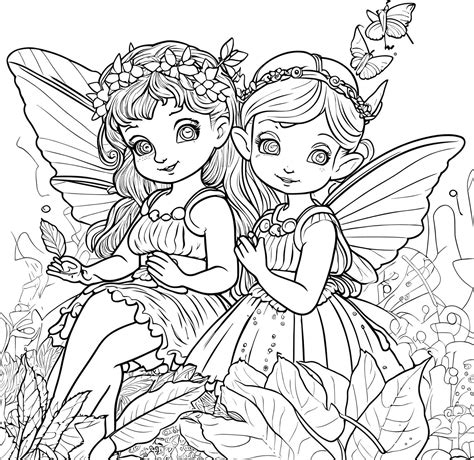 Fairy coloring page with delicate fairy and flowers