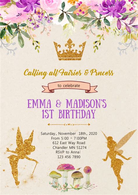 A fairy tale princess birthday invitation template with a whimsical design