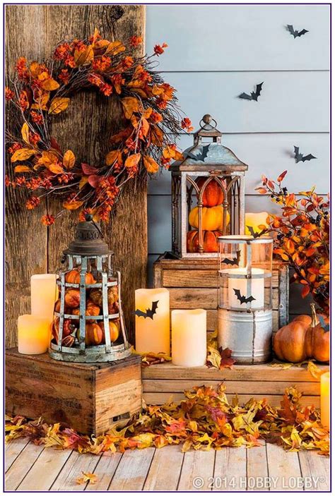 A fall-themed tablescape with pumpkins and leaves